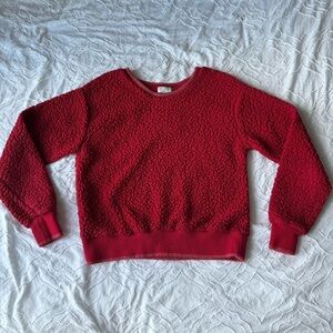 Warm & Cozy Red Sherpa Textured Women's Sweater Crewneck with Gold Detail